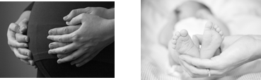 A pregnant woman with a partner cradling the bump and a new born baby